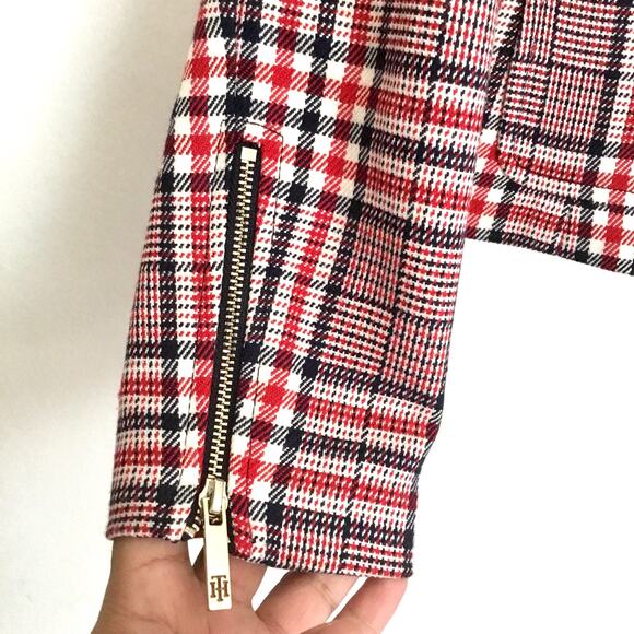 TOMMY HILFIGER Women's RED BLUE WHITE HOUNDSTOOTH Plaid Zip-Up Jacket Sz 4 - Picture 7 of 9